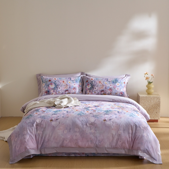 91家纺网 家纺一手货源 找家纺 禾时 2025新款全棉纯棉贡缎数码50双股长绒棉磨毛四件套（带高档礼盒） 锦绣（紫）