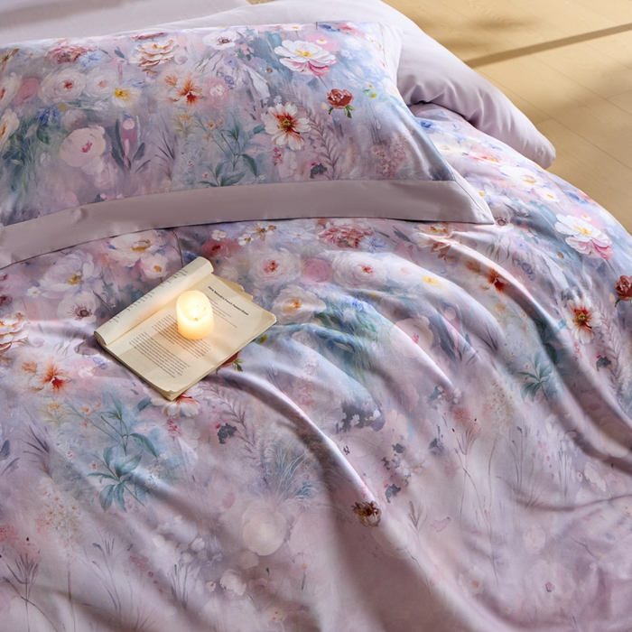 91家纺网 家纺一手货源 找家纺 禾时 2025新款全棉纯棉贡缎数码50双股长绒棉磨毛四件套（带高档礼盒） 锦绣（紫）