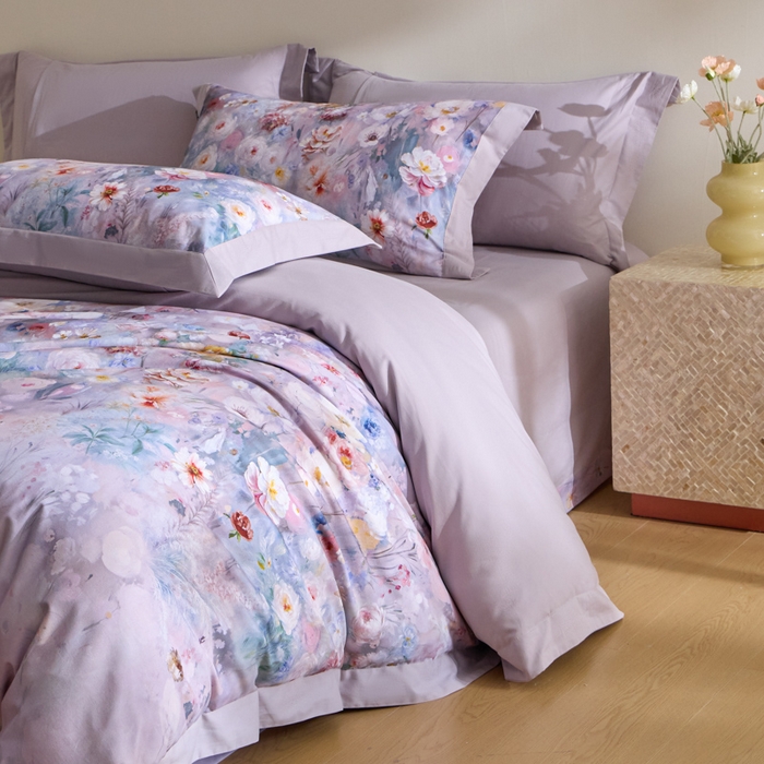 91家纺网 家纺一手货源 找家纺 禾时 2025新款全棉纯棉贡缎数码50双股长绒棉磨毛四件套（带高档礼盒） 锦绣（紫）