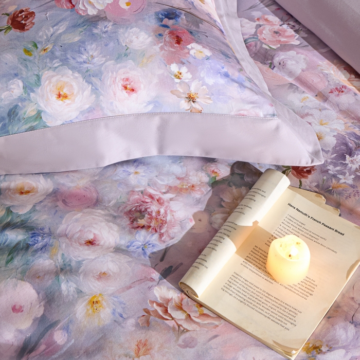 91家纺网 家纺一手货源 找家纺 禾时 2025新款全棉纯棉贡缎数码50双股长绒棉磨毛四件套（带高档礼盒） 锦绣（紫）