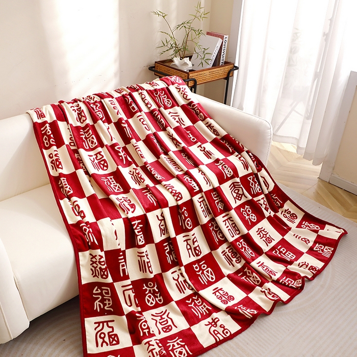 91家纺网 家纺一手货源 找家纺 （总）莱家富 2025新款结婚伴手礼法兰绒毛毯双面印花百福毯毛毯毯子午睡毯多功能喜庆礼品毯子