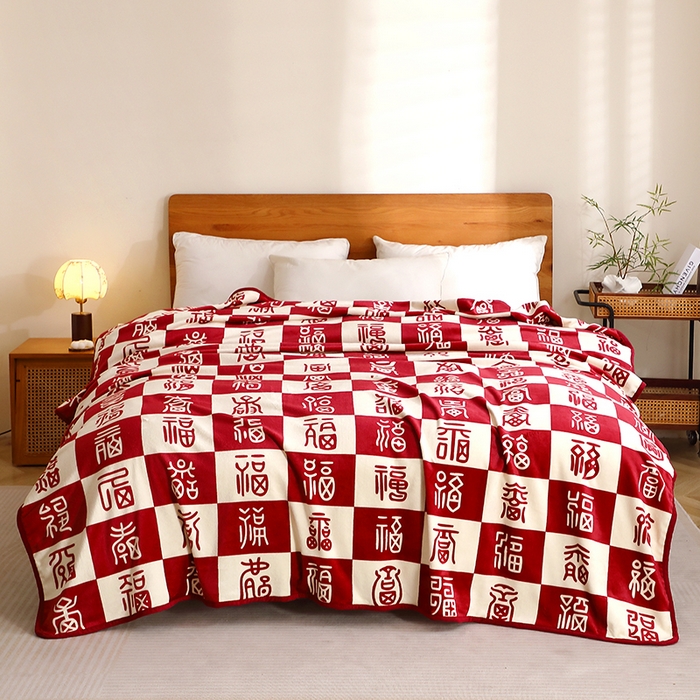 91家纺网 家纺一手货源 找家纺 （总）莱家富 2025新款结婚伴手礼法兰绒毛毯双面印花百福毯毛毯毯子午睡毯多功能喜庆礼品毯子