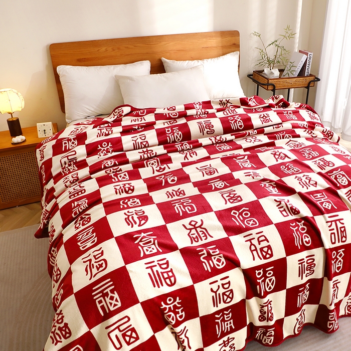 91家纺网 家纺一手货源 找家纺 （总）莱家富 2025新款结婚伴手礼法兰绒毛毯双面印花百福毯毛毯毯子午睡毯多功能喜庆礼品毯子