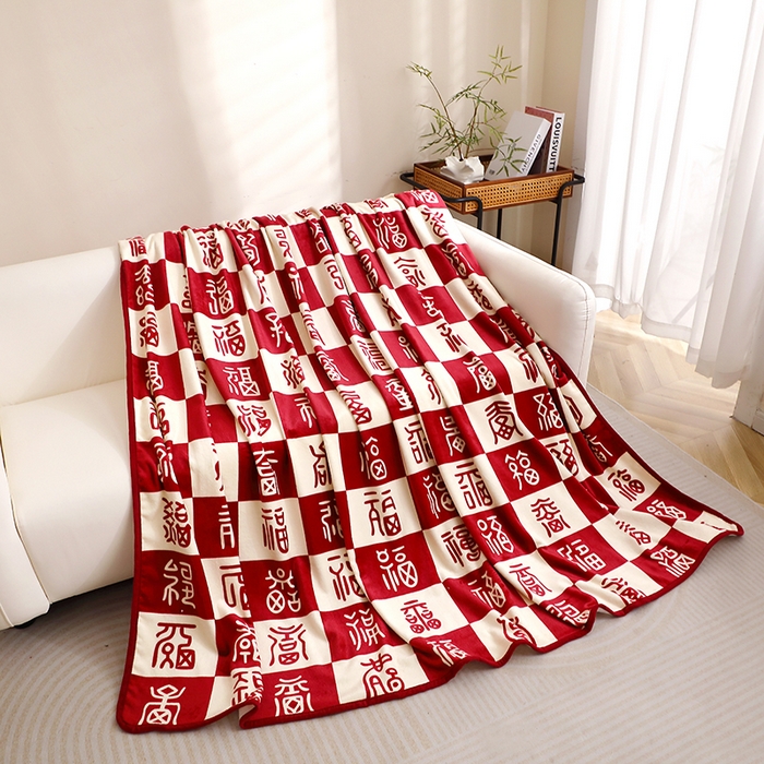 91家纺网 家纺一手货源 找家纺 （总）莱家富 2025新款结婚伴手礼法兰绒毛毯双面印花百福毯毛毯毯子午睡毯多功能喜庆礼品毯子