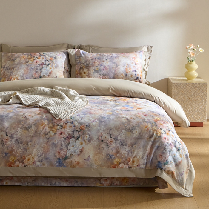 91家纺网 家纺一手货源 找家纺 禾时 2025新款全棉纯棉贡缎数码50双股长绒棉磨毛四件套（带高档礼盒） 千寻