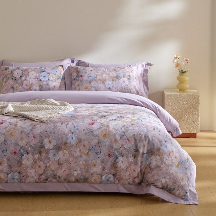 91家纺网 家纺一手货源 找家纺 禾时 2025新款全棉纯棉贡缎数码50双股长绒棉磨毛四件套（带高档礼盒） 蔷薇花园（绿）