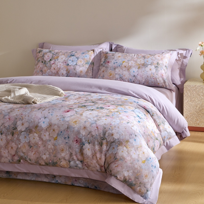 91家纺网 家纺一手货源 找家纺 禾时 2025新款全棉纯棉贡缎数码50双股长绒棉磨毛四件套（带高档礼盒） 蔷薇花园（绿）