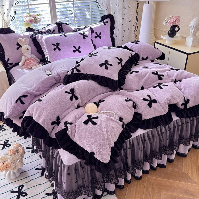 唐人居 2025新款高克重阳离子绒花边雕花套件 蝴蝶结-紫色