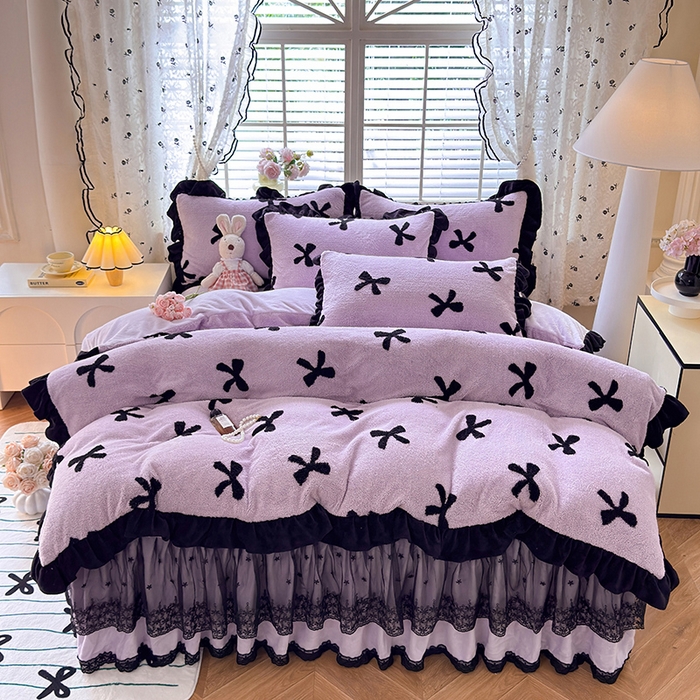 91家纺网 家纺一手货源 找家纺 唐人居 2025新款高克重阳离子绒花边雕花套件 蝴蝶结-紫色