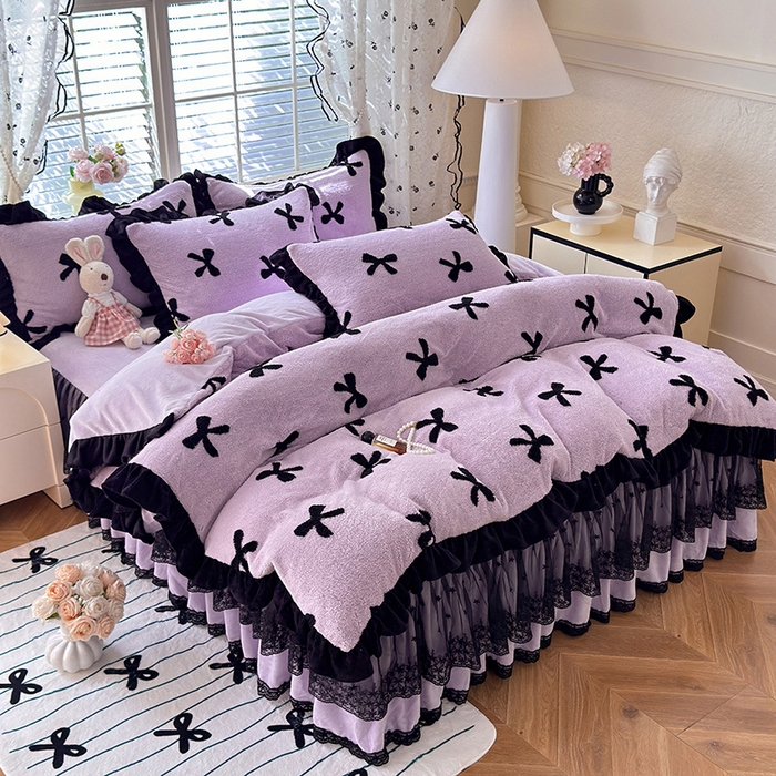 91家纺网 家纺一手货源 找家纺 唐人居 2025新款高克重阳离子绒花边雕花套件 蝴蝶结-紫色