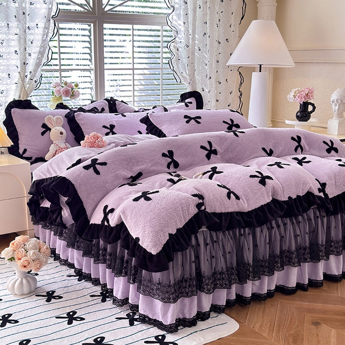 91家纺网 家纺一手货源 找家纺 唐人居 2025新款高克重阳离子绒花边雕花套件 蝴蝶结-紫色