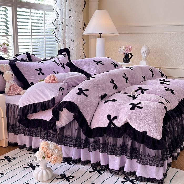 91家纺网 家纺一手货源 找家纺 唐人居 2025新款高克重阳离子绒花边雕花套件 蝴蝶结-紫色