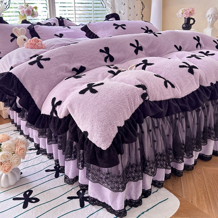 91家纺网 家纺一手货源 找家纺 唐人居 2025新款高克重阳离子绒花边雕花套件 蝴蝶结-紫色