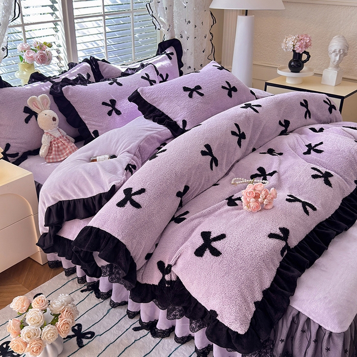 91家纺网 家纺一手货源 找家纺 唐人居 2025新款高克重阳离子绒花边雕花套件 蝴蝶结-紫色