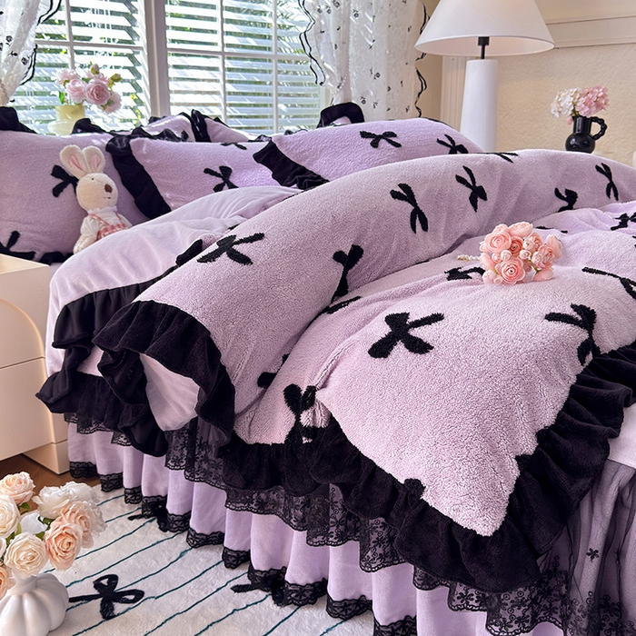 91家纺网 家纺一手货源 找家纺 唐人居 2025新款高克重阳离子绒花边雕花套件 蝴蝶结-紫色