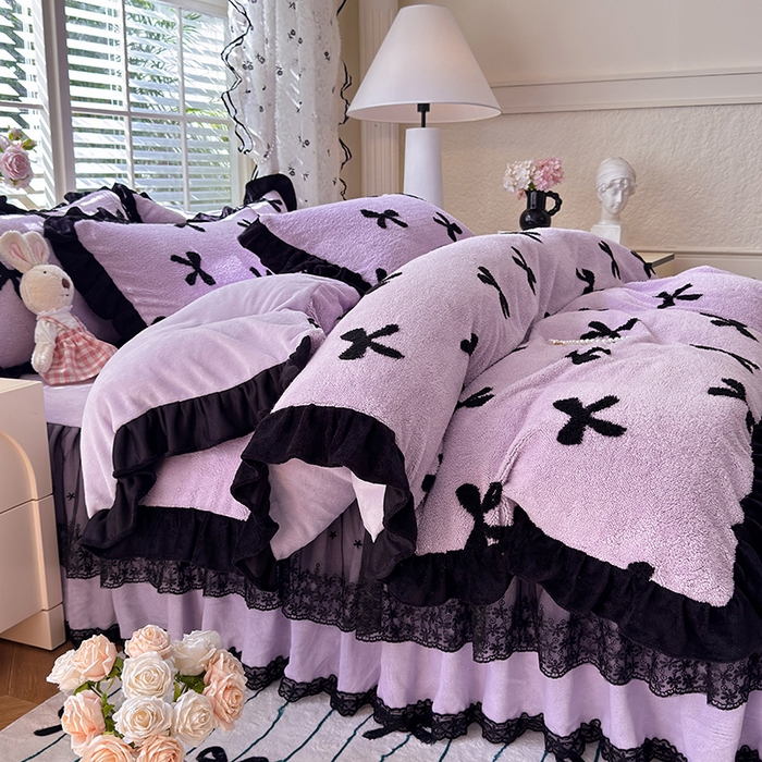 91家纺网 家纺一手货源 找家纺 唐人居 2025新款高克重阳离子绒花边雕花套件 蝴蝶结-紫色