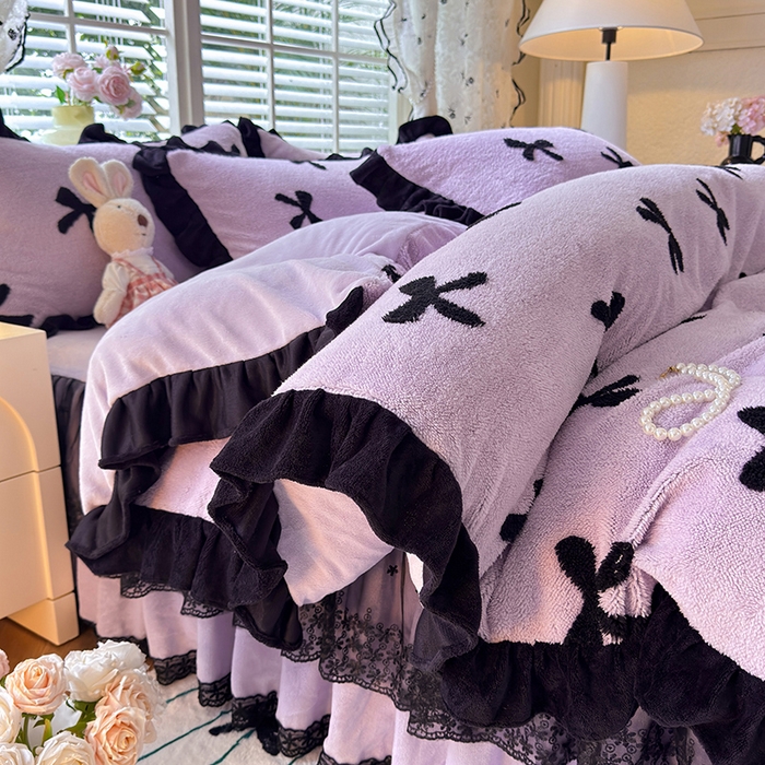 91家纺网 家纺一手货源 找家纺 唐人居 2025新款高克重阳离子绒花边雕花套件 蝴蝶结-紫色