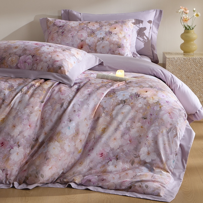 禾时 2025新款全棉纯棉贡缎数码50双股长绒棉磨毛四件套（带高档礼盒） 蔷薇花园（浅紫）