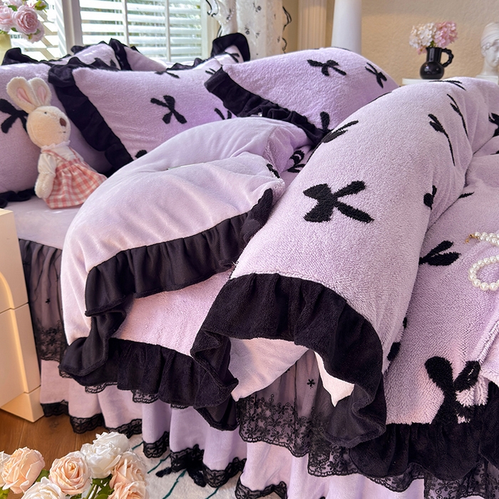 91家纺网 家纺一手货源 找家纺 唐人居 2025新款高克重阳离子绒花边雕花套件 蝴蝶结-紫色