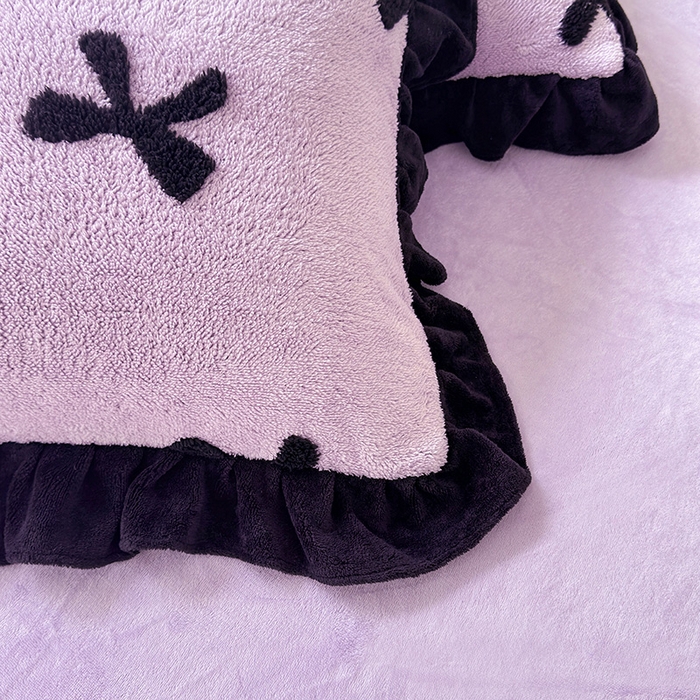 91家纺网 家纺一手货源 找家纺 唐人居 2025新款高克重阳离子绒花边雕花套件 蝴蝶结-紫色