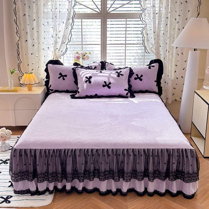 91家纺网 家纺一手货源 找家纺 唐人居 2025新款高克重阳离子绒花边雕花套件 蝴蝶结-紫色