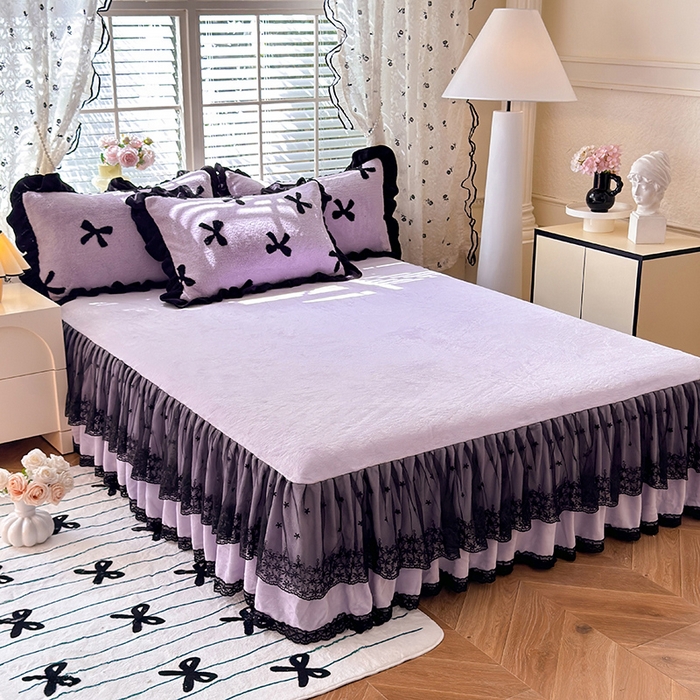 91家纺网 家纺一手货源 找家纺 唐人居 2025新款高克重阳离子绒花边雕花套件 蝴蝶结-紫色