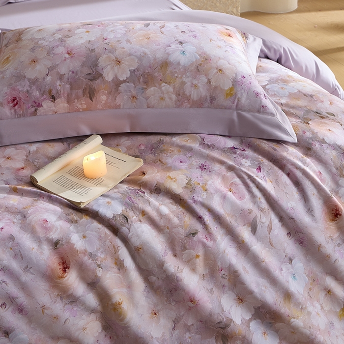 91家纺网 家纺一手货源 找家纺 禾时 2025新款全棉纯棉贡缎数码50双股长绒棉磨毛四件套（带高档礼盒） 蔷薇花园（浅紫）