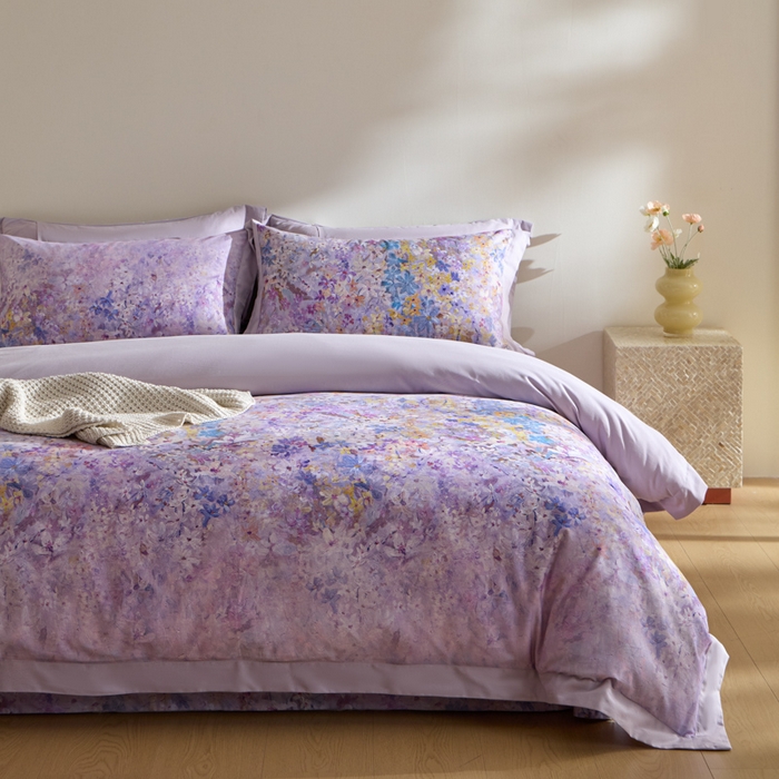 91家纺网 家纺一手货源 找家纺 禾时 2025新款全棉纯棉贡缎数码50双股长绒棉磨毛四件套（带高档礼盒） 心悦（紫）