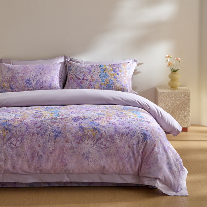 91家纺网 家纺一手货源 找家纺 禾时 2025新款全棉纯棉贡缎数码50双股长绒棉磨毛四件套（带高档礼盒） 心悦（紫）