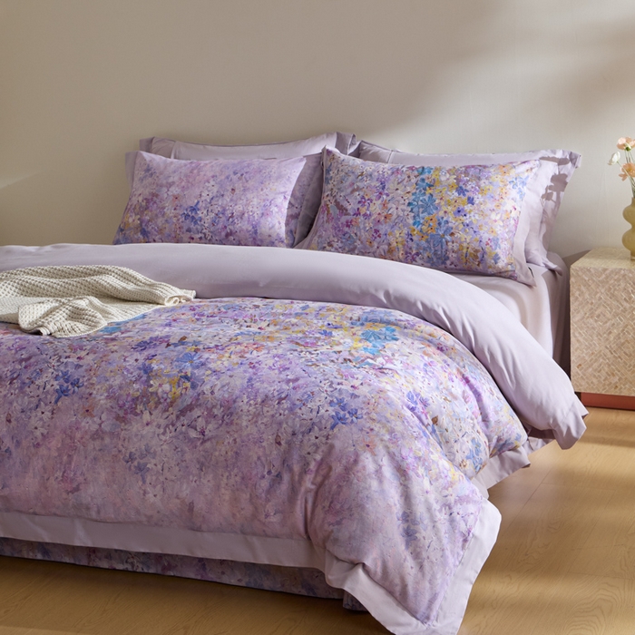 91家纺网 家纺一手货源 找家纺 禾时 2025新款全棉纯棉贡缎数码50双股长绒棉磨毛四件套（带高档礼盒） 心悦（紫）