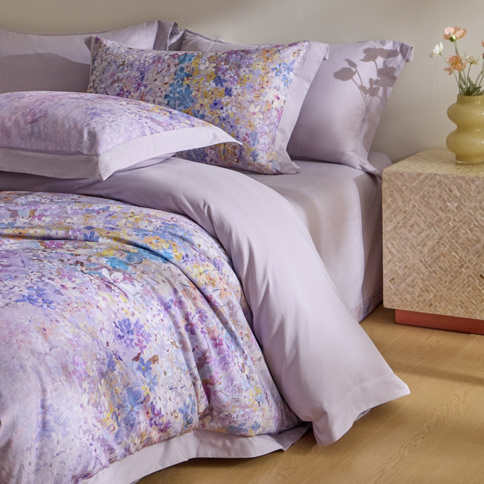 91家纺网 家纺一手货源 找家纺 禾时 2025新款全棉纯棉贡缎数码50双股长绒棉磨毛四件套（带高档礼盒） 心悦（紫）