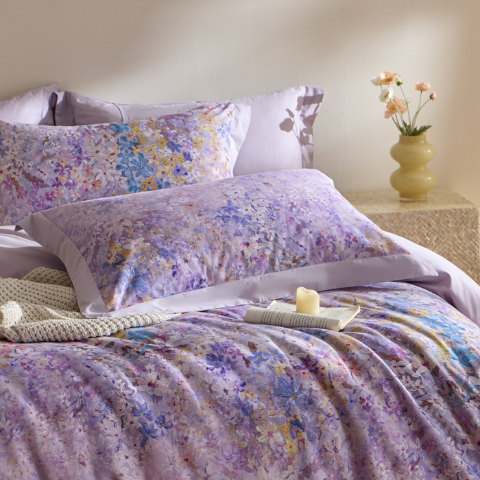 91家纺网 家纺一手货源 找家纺 禾时 2025新款全棉纯棉贡缎数码50双股长绒棉磨毛四件套（带高档礼盒） 心悦（紫）