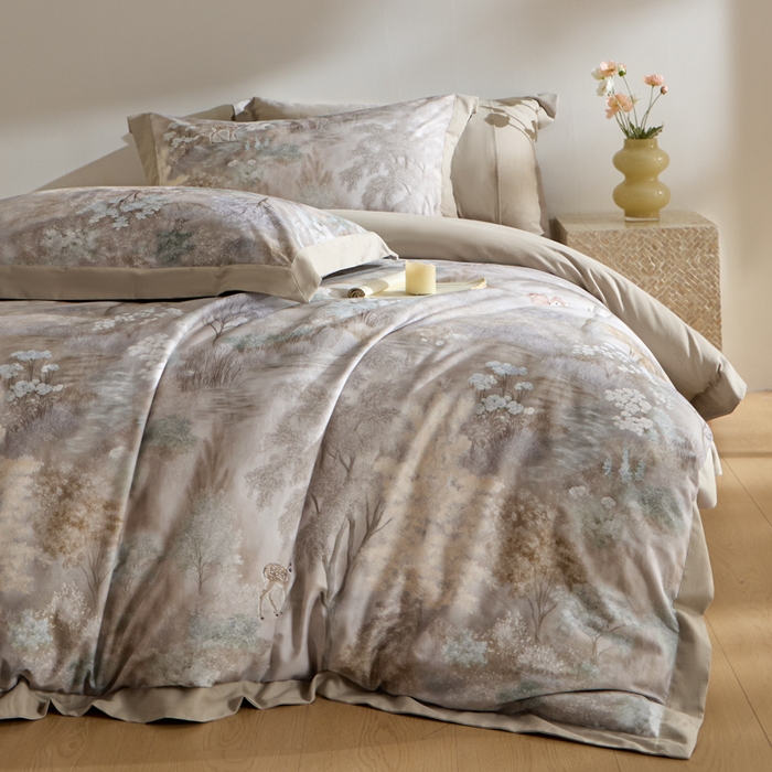 禾时 2025新款全棉纯棉贡缎数码50双股长绒棉磨毛四件套（带高档礼盒） 一鹿生花（驼）