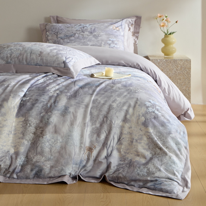 禾时 2025新款全棉纯棉贡缎数码50双股长绒棉磨毛四件套（带高档礼盒） 一鹿生花（紫）