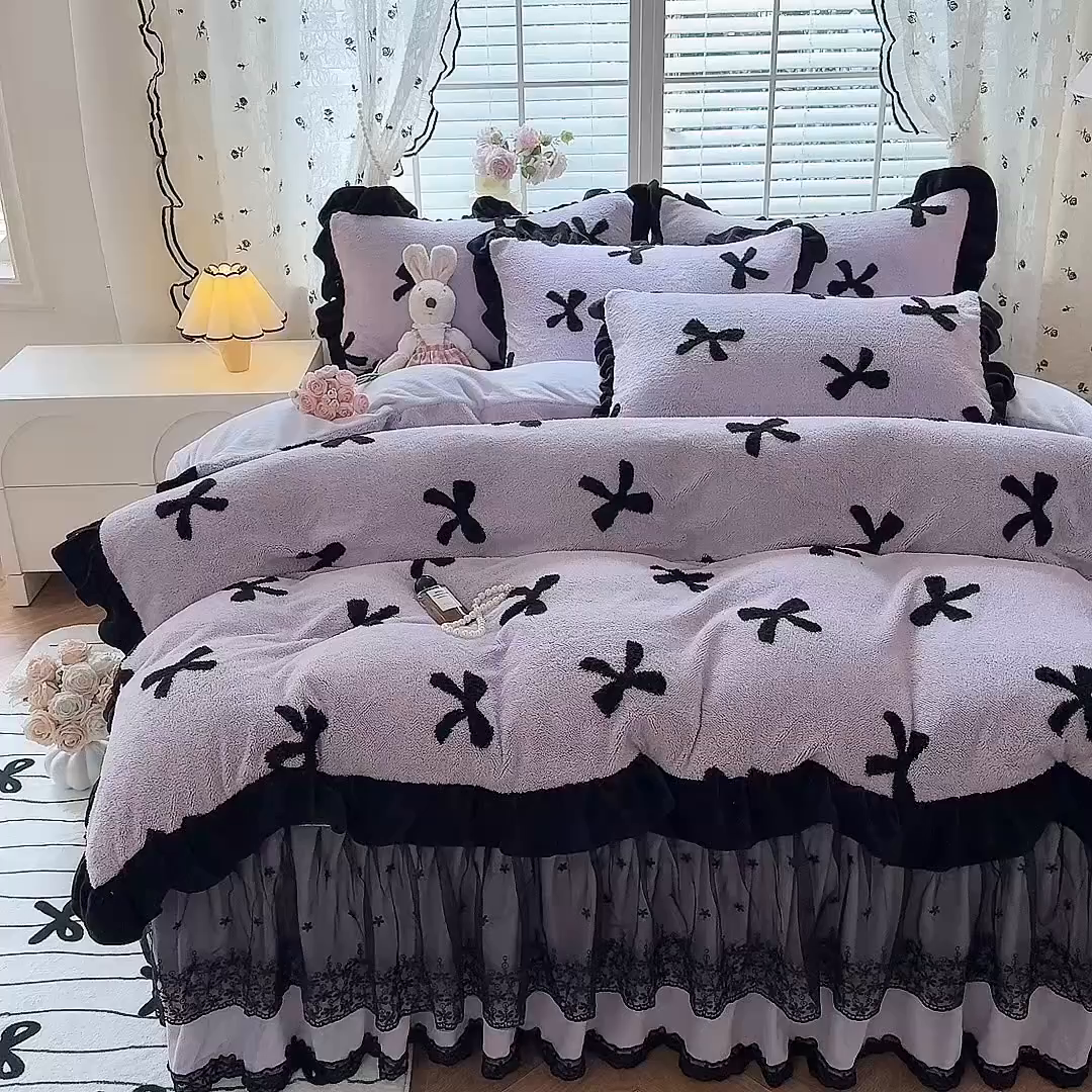 91家纺网 家纺一手货源 找家纺 唐人居 2025新款高克重阳离子绒花边雕花套件 蝴蝶结-紫色