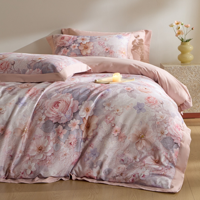 禾时 2025新款全棉纯棉贡缎数码50双股长绒棉磨毛四件套（带高档礼盒） 倚春花语（粉）