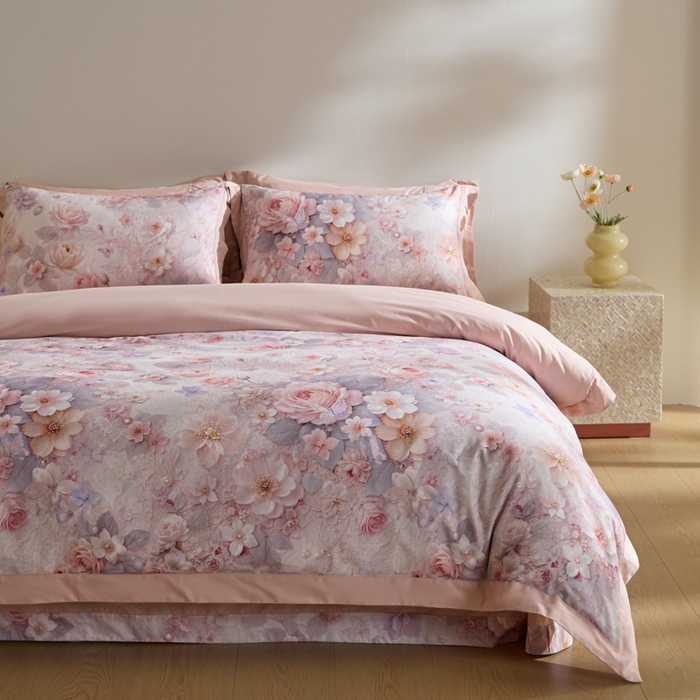 91家纺网 家纺一手货源 找家纺 禾时 2025新款全棉纯棉贡缎数码50双股长绒棉磨毛四件套（带高档礼盒） 倚春花语（粉）