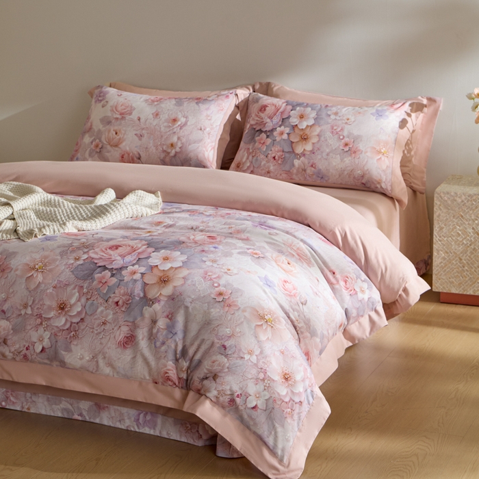 91家纺网 家纺一手货源 找家纺 禾时 2025新款全棉纯棉贡缎数码50双股长绒棉磨毛四件套（带高档礼盒） 倚春花语（粉）