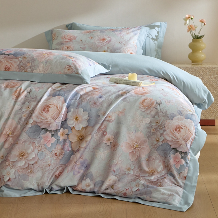 禾时 2025新款全棉纯棉贡缎数码50双股长绒棉磨毛四件套（带高档礼盒） 倚春花语（兰）