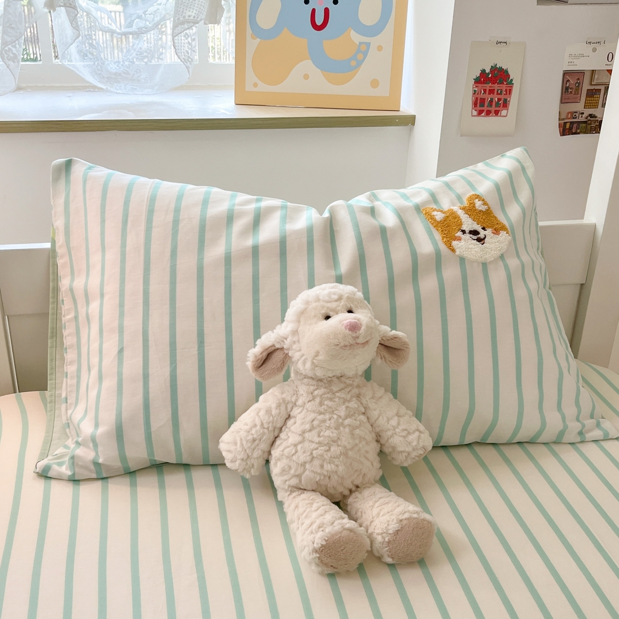 91家纺网 家纺一手货源 找家纺 慕尚家纺 2025新款全棉纯棉毛巾绣单床笠  柯基少爷