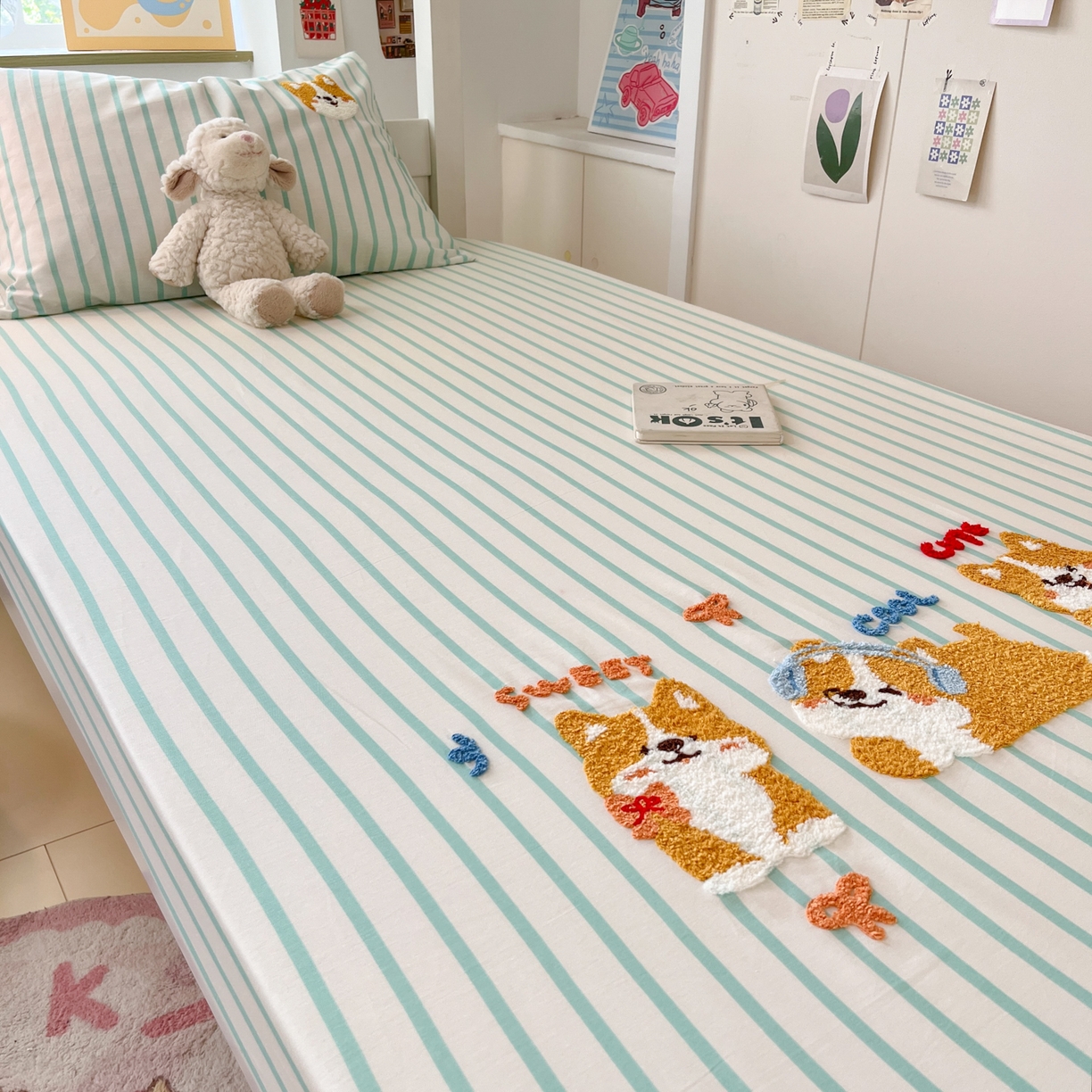 91家纺网 家纺一手货源 找家纺 慕尚家纺 2025新款全棉纯棉毛巾绣单床笠  柯基少爷