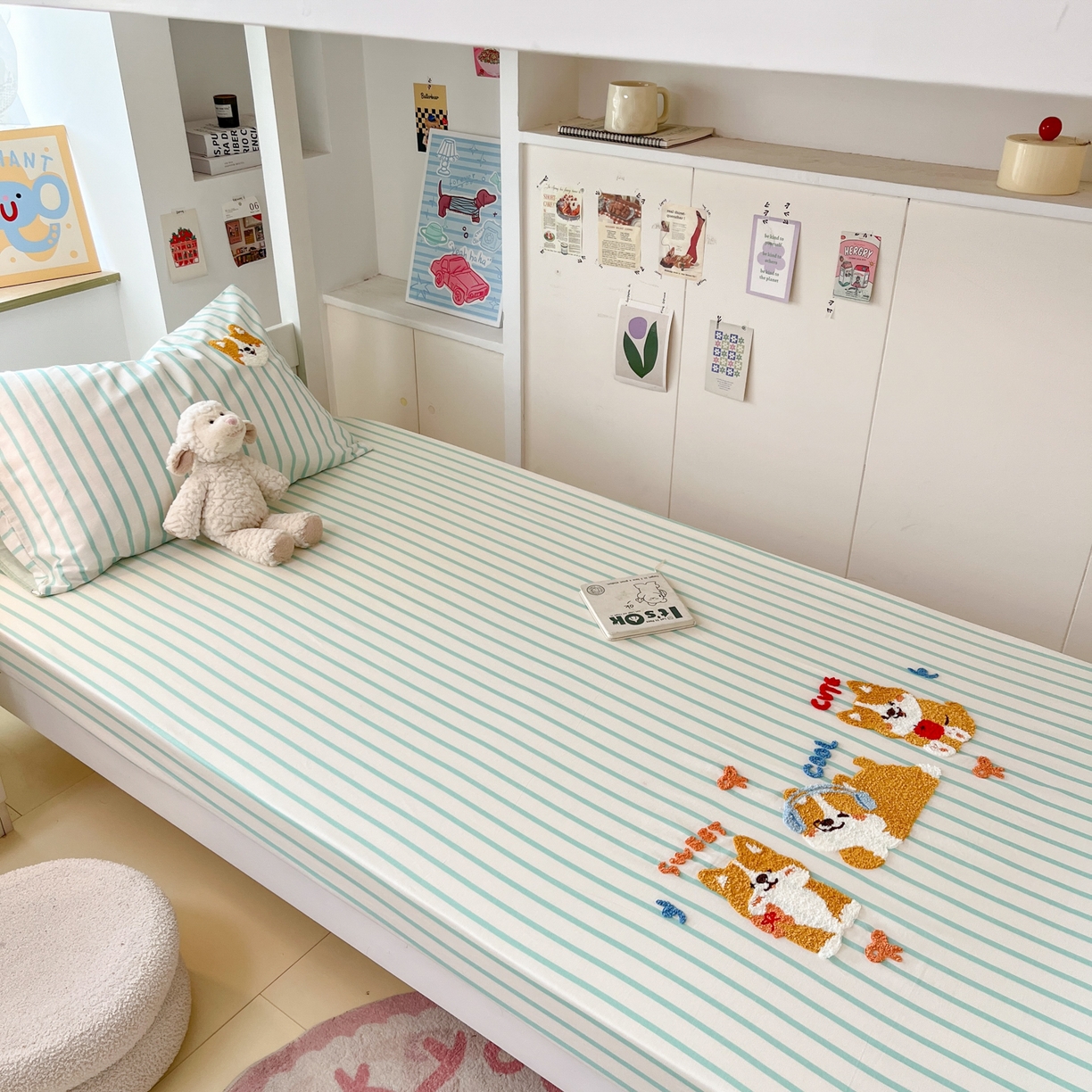 91家纺网 家纺一手货源 找家纺 慕尚家纺 2025新款全棉纯棉毛巾绣单床笠  柯基少爷