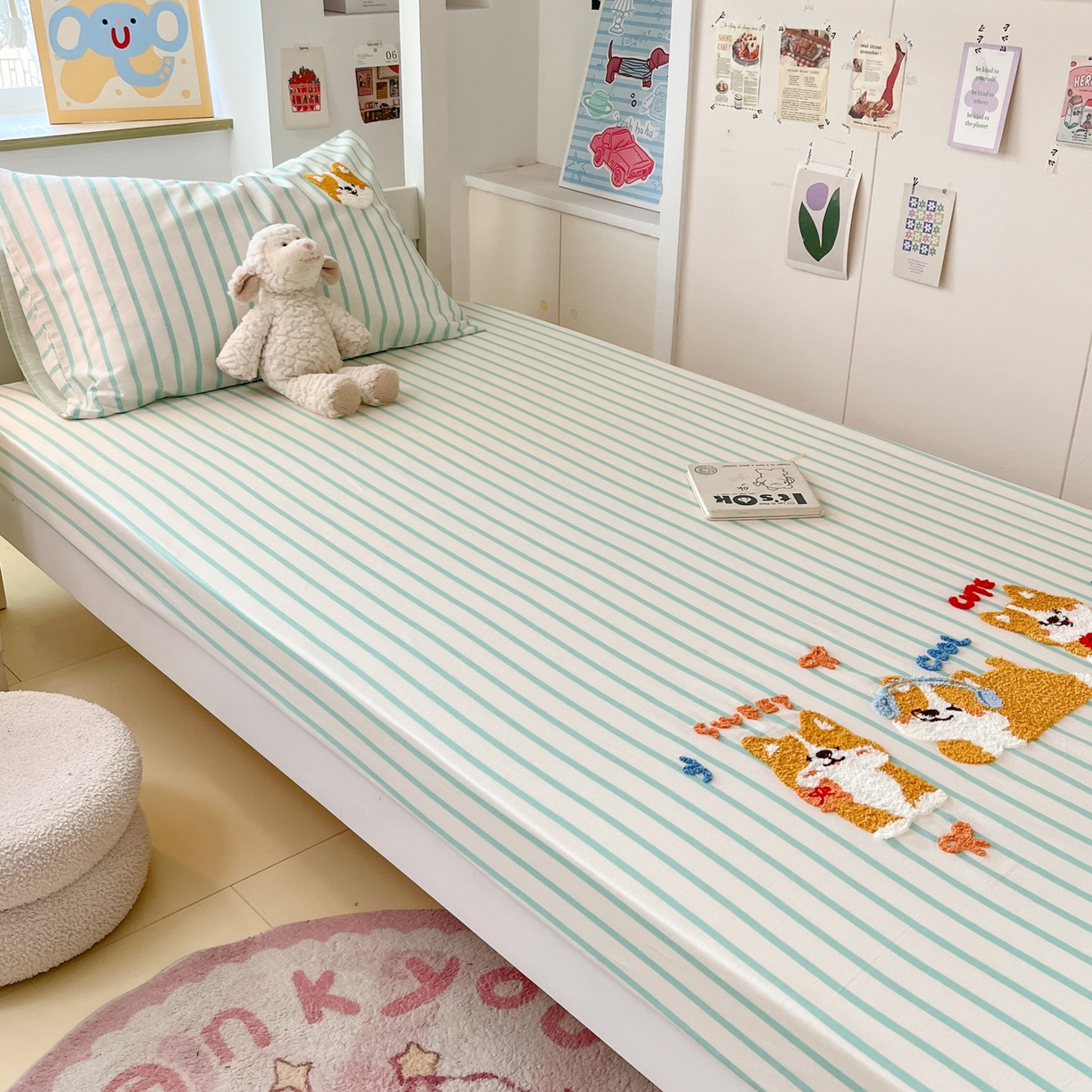 91家纺网 家纺一手货源 找家纺 慕尚家纺 2025新款全棉纯棉毛巾绣单床笠  柯基少爷