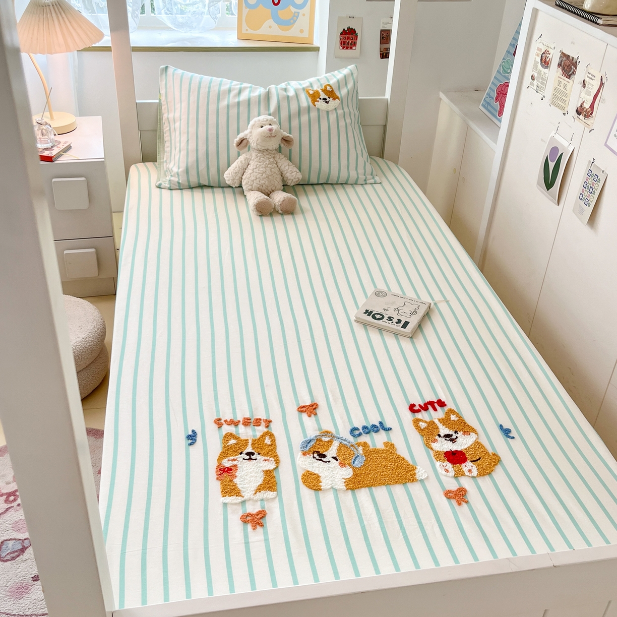 91家纺网 家纺一手货源 找家纺 慕尚家纺 2025新款全棉纯棉毛巾绣单床笠  柯基少爷