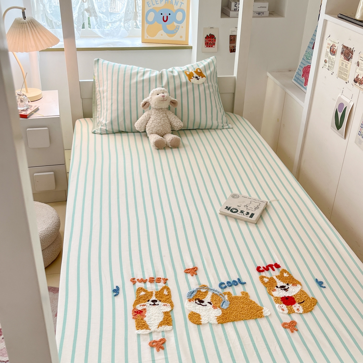 91家纺网 家纺一手货源 找家纺 慕尚家纺 2025新款全棉纯棉毛巾绣单床笠  柯基少爷