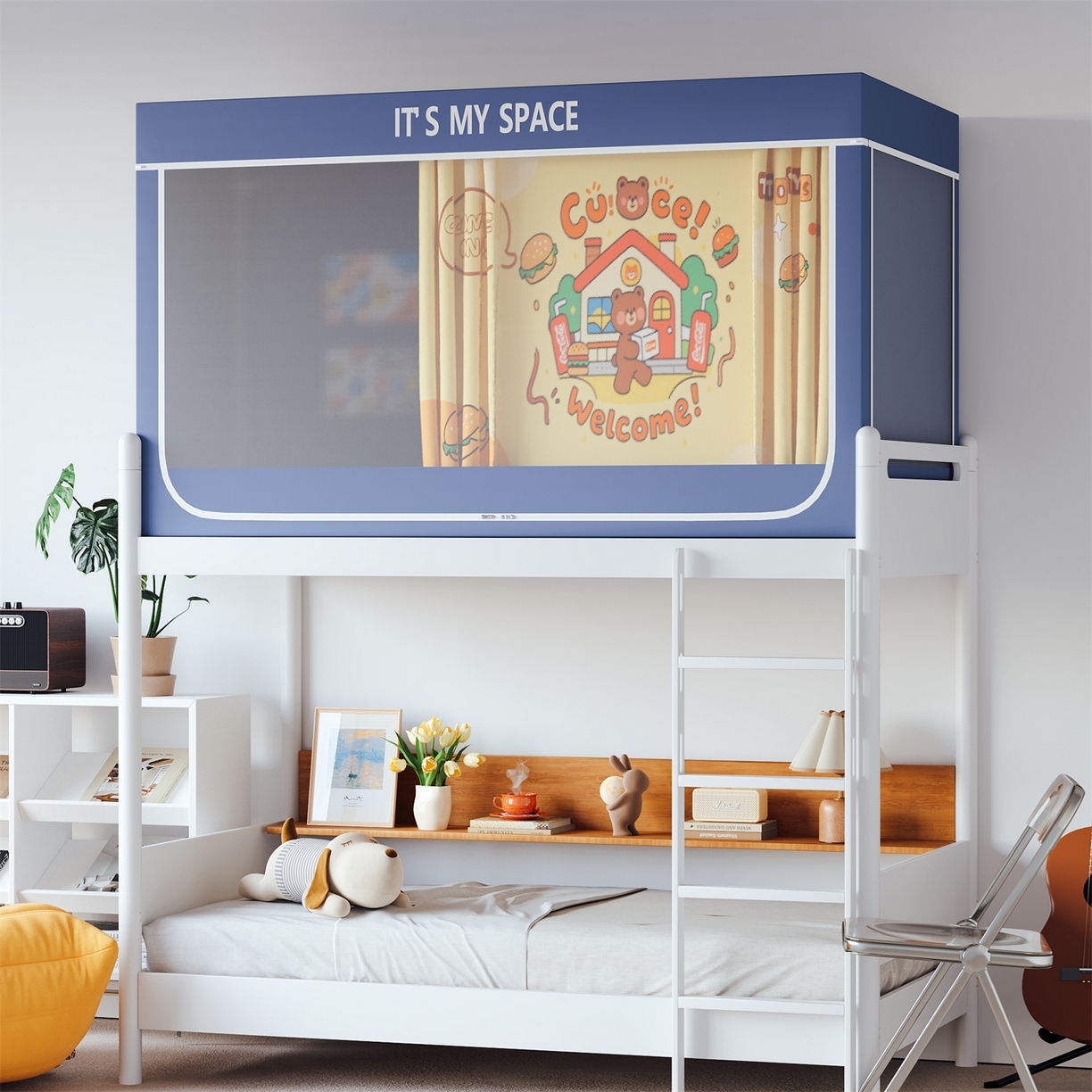 91家纺网 家纺一手货源 找家纺 新太阳蚊帐 2025新款大版学生床帘遮光学生宿舍蚊帐 小熊汉堡屋