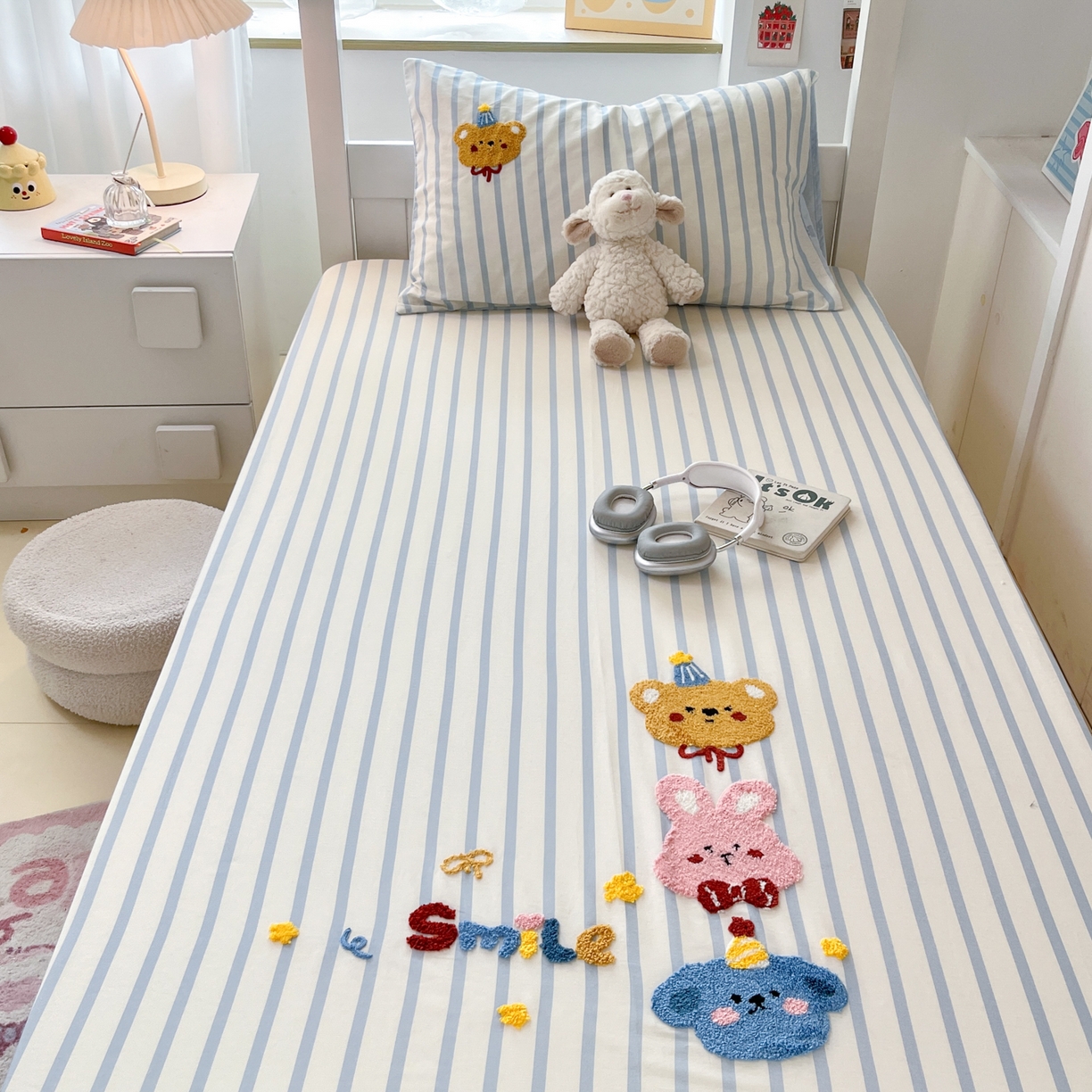 91家纺网 家纺一手货源 找家纺 慕尚家纺 2025新款全棉纯棉毛巾绣单床笠  可爱宝贝们