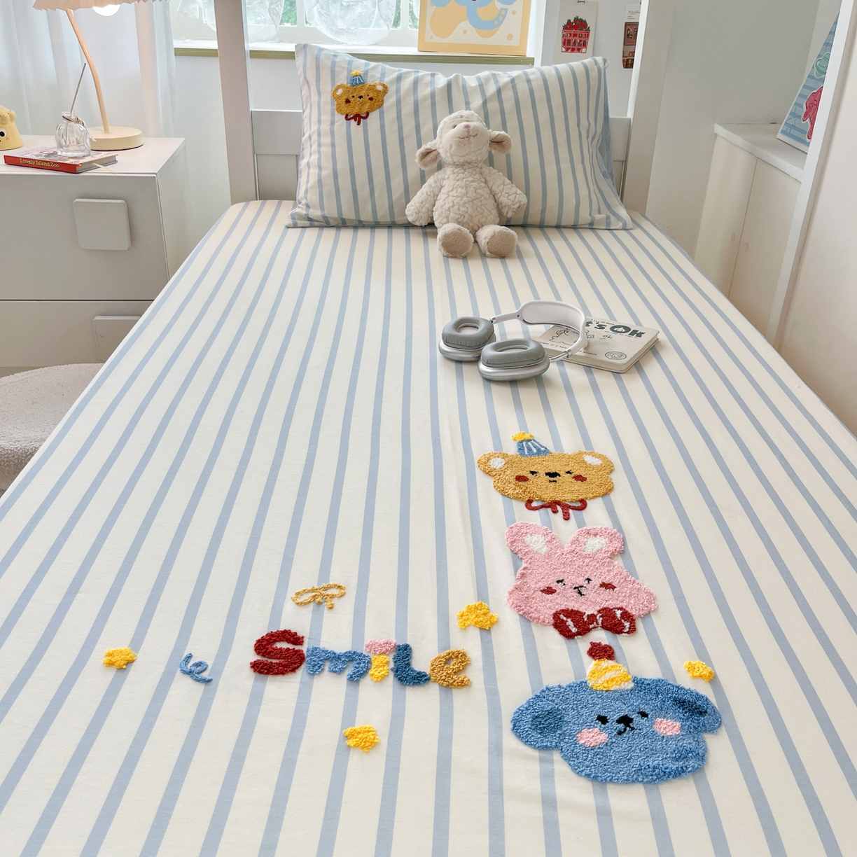 91家纺网 家纺一手货源 找家纺 慕尚家纺 2025新款全棉纯棉毛巾绣单床笠  可爱宝贝们