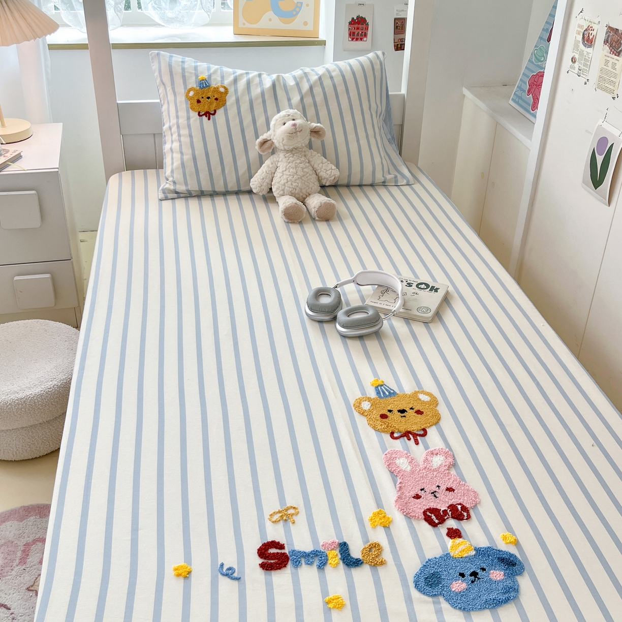 91家纺网 家纺一手货源 找家纺 慕尚家纺 2025新款全棉纯棉毛巾绣单床笠  可爱宝贝们