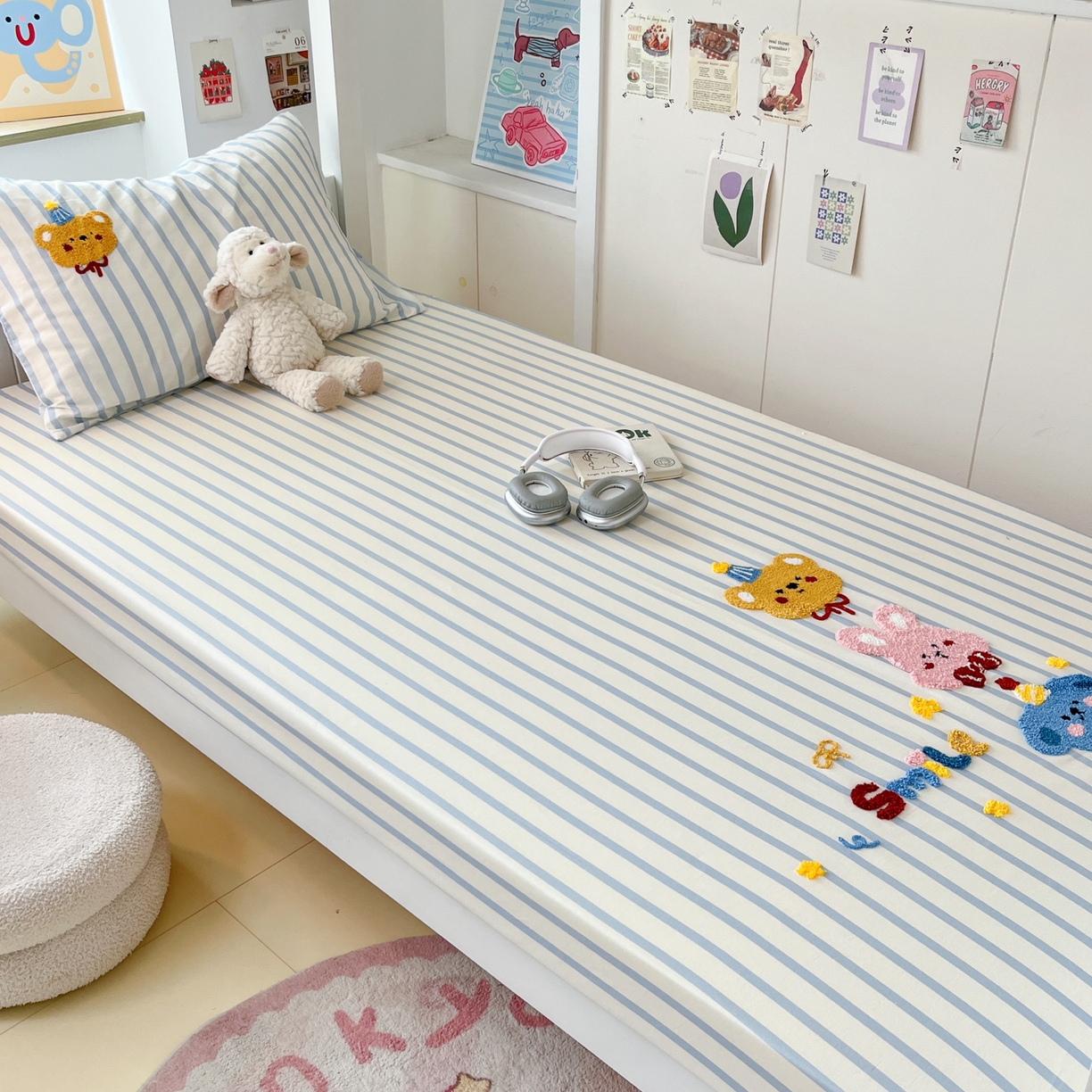 91家纺网 家纺一手货源 找家纺 慕尚家纺 2025新款全棉纯棉毛巾绣单床笠  可爱宝贝们